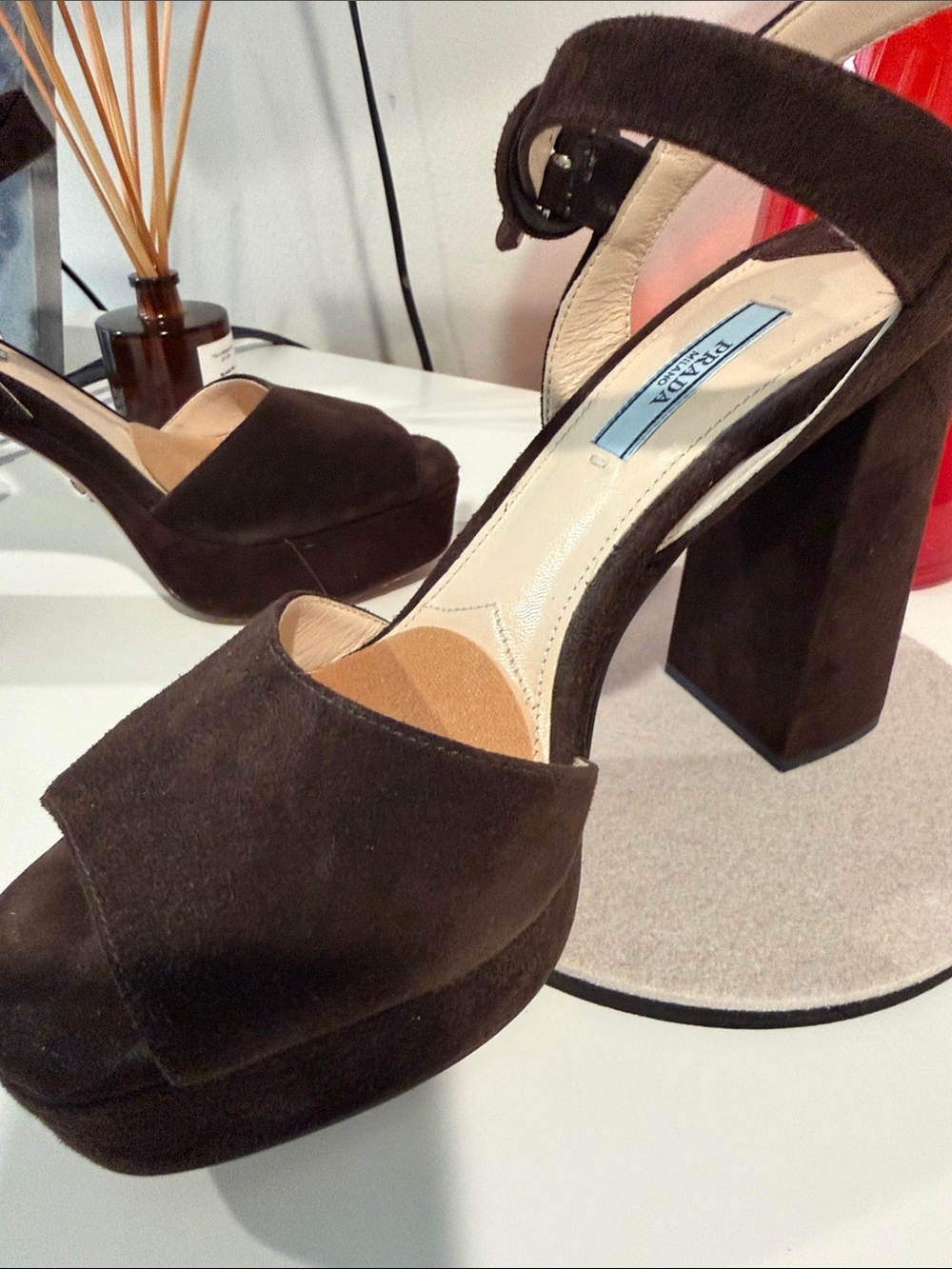 Prada Dark Brown Suede Platform Block Heel Sandals